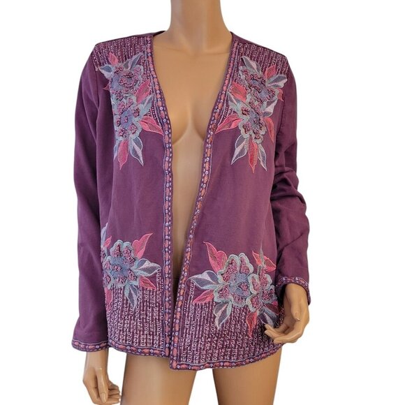 Soft Surroundings Playa Embroidered Open Jacket Dark Berry Size Medium Cotton - Picture 1 of 16
